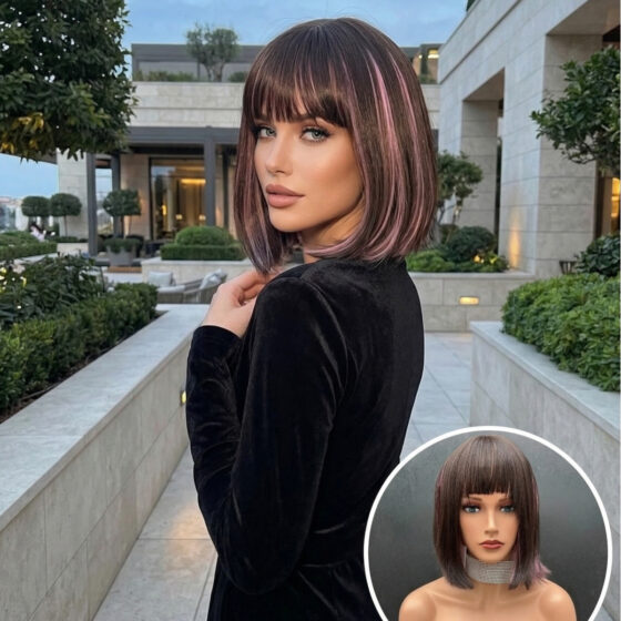 Exclusive Luxury Özel Üretim Kahverengi Lila Kısa Küt Kesim Peruk