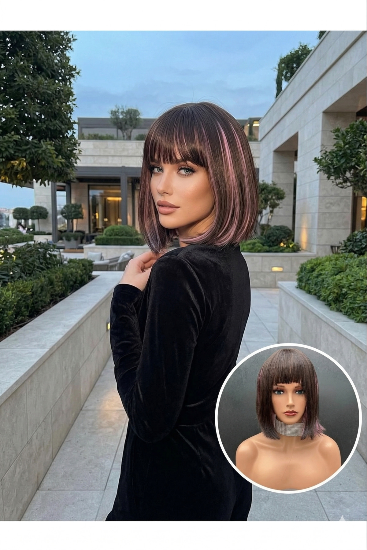 Exclusive Luxury Özel Üretim Kahverengi Lila Kısa Küt Kesim Peruk