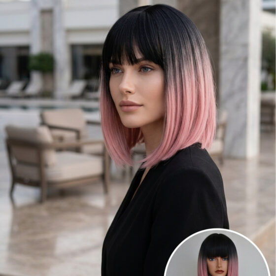 Kısa Küt Siyah Pembe Ombreli Fiber Sentetik Peruk
