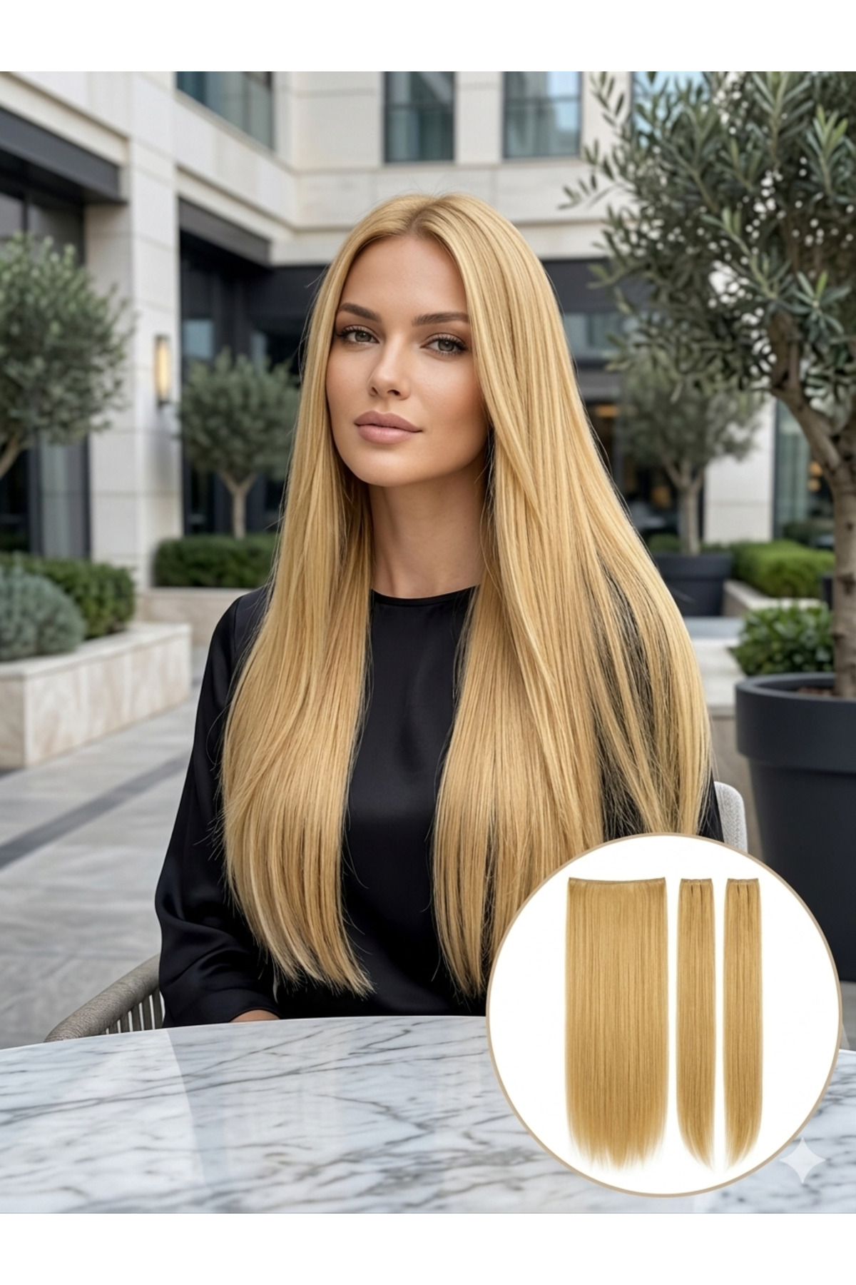 Açık Kumral Uzun Düz Yarım Ay Saç – Sentetik Çıt Çıt – 3 Parça