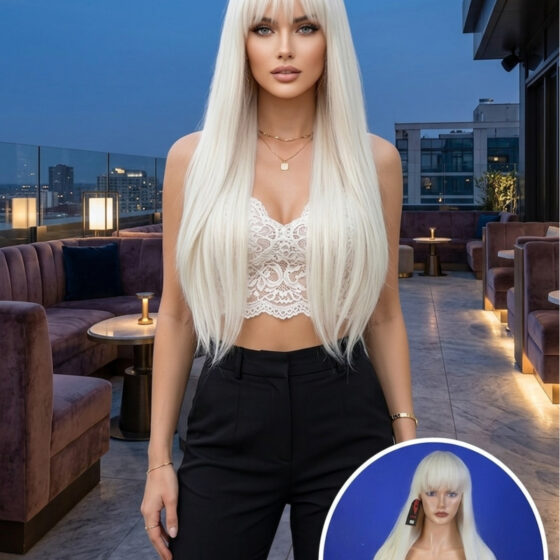 Uzun Düz Sarı Fiber Sentetik Peruk