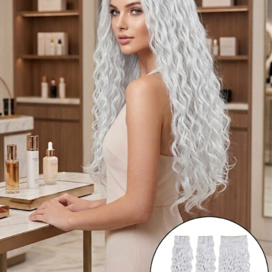 İnci Beyaz Afro dalgalı Yarım Ay çıt çıt – 70cm 190 Gr. Fiber Saç Çıt Çıt