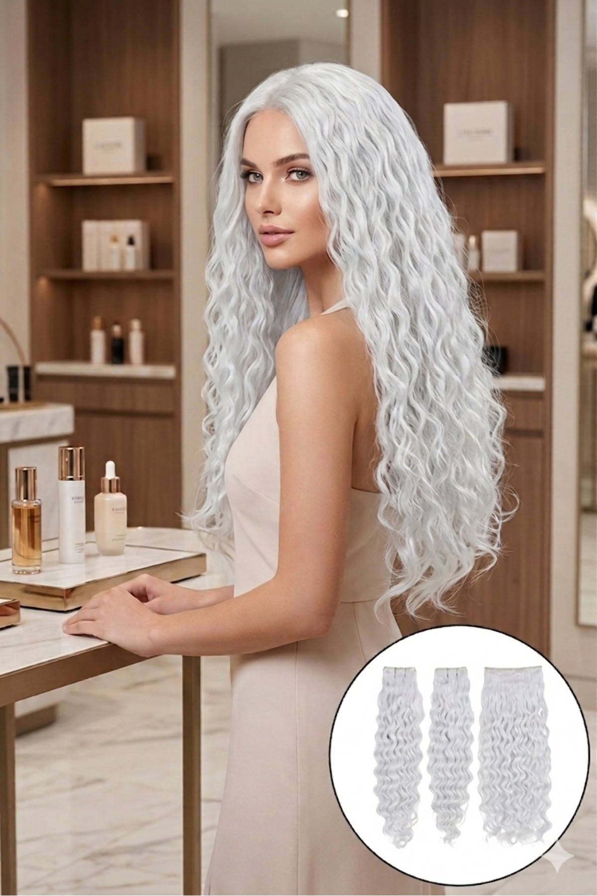 İnci Beyaz Afro dalgalı Yarım Ay çıt çıt – 70cm 190 Gr. Fiber Saç Çıt Çıt
